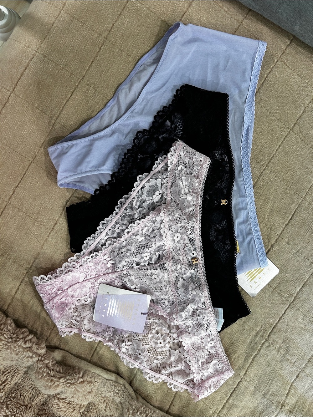 Savage X Fenty Lace & Modal Bikini Panty Trio - Pink, Black, Light Purple